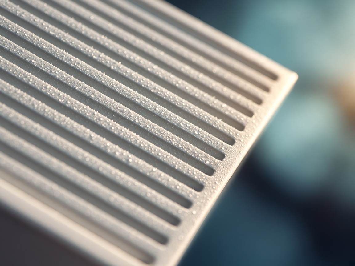 Close view of condensation beading across the fins of a white supply grille.