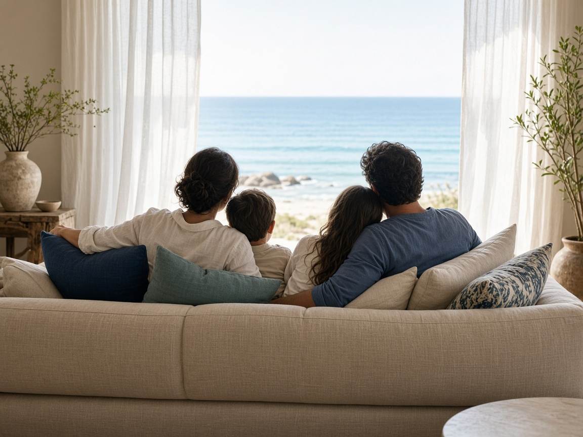 A family of four sitting together on a linen sofa, looking out through sheer curtains at the Gulf.