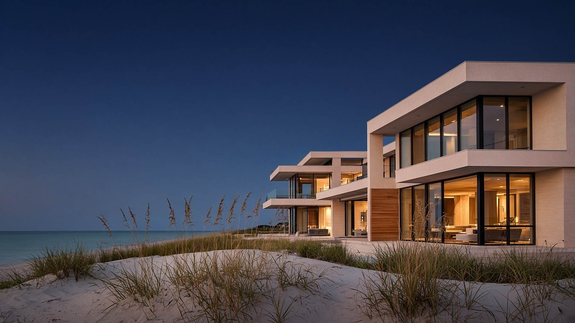Gulf-front house at dusk, warm rooms visible through the glass, sea grass in the dunes.