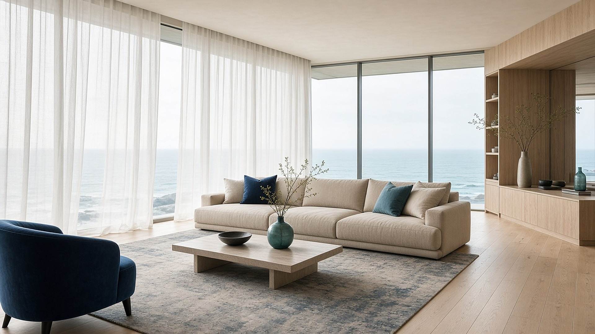 Living room with a linen sofa, oak floors, and windows facing the water.