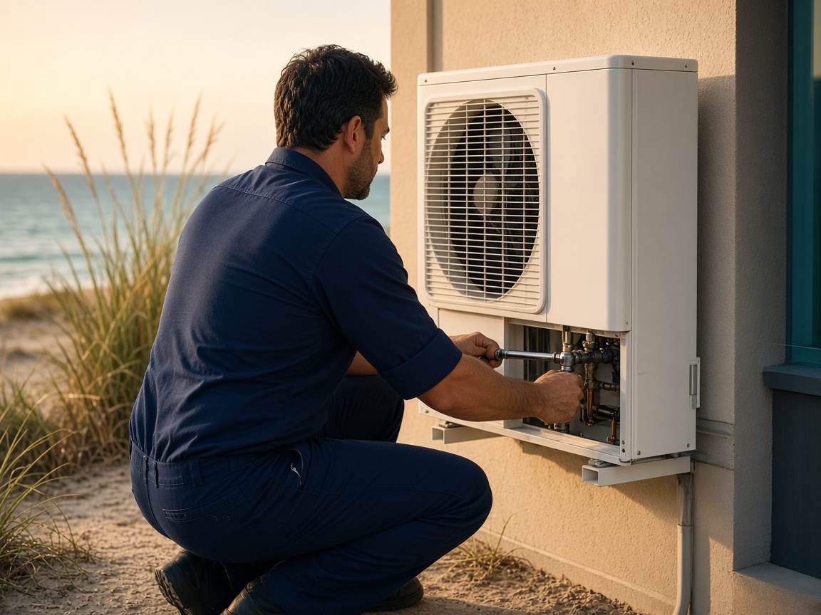 A technician in a navy shirt servicing a heat pump condenser on a stucco wall, with sea grass and the Gulf behind him.